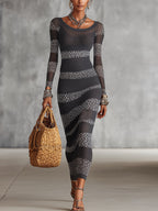 Grey and White Knit Bodycon Dress with Leopard Stripe Detailing