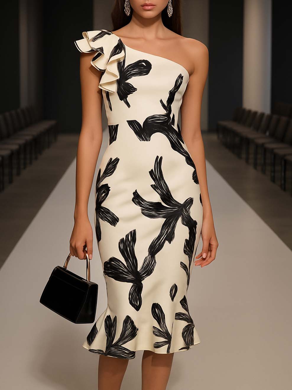 Off Shoulder Biege Midi Bodycon Dress with Black Elegant Print