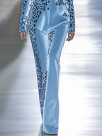 Sky Blue Velvet Leopard Print Trousers