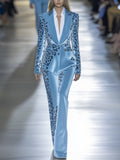 Sky Blue Velvet Leopard Print Blazer and Trousers Suit