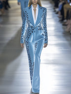 Sky Blue Velvet Leopard Print Blazer and Trousers Suit