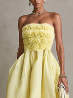 Yellow Strapless Floral Applique Midi Dress