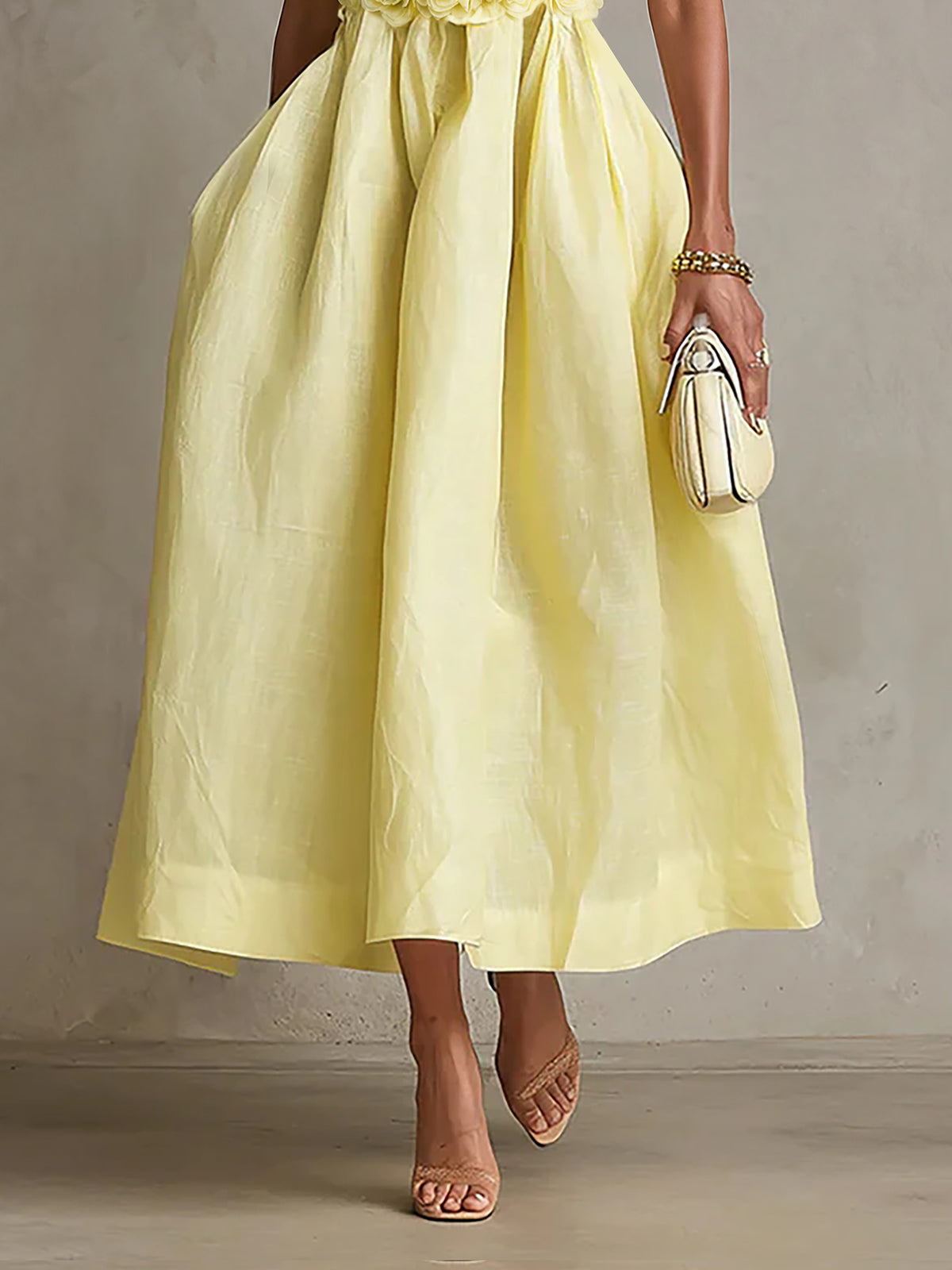 Yellow Strapless Floral Applique Midi Dress