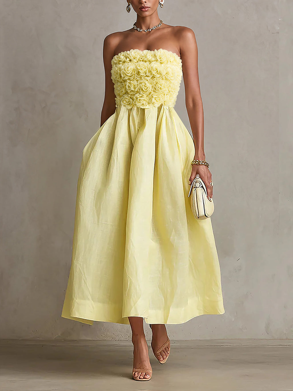 Yellow Strapless Floral Applique Midi Dress