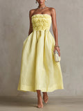 Yellow Strapless Floral Applique Midi Dress