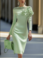 Light Green Midi Pencil Dress with Mesh and 3D Flower Decoration