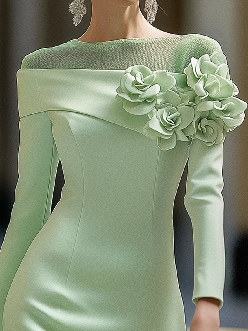 Light Green Midi Pencil Dress with Mesh and 3D Flower Decoration