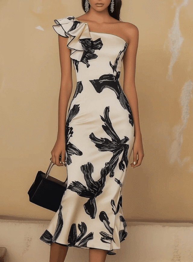 Off Shoulder Biege Midi Bodycon Dress with Black Elegant Print