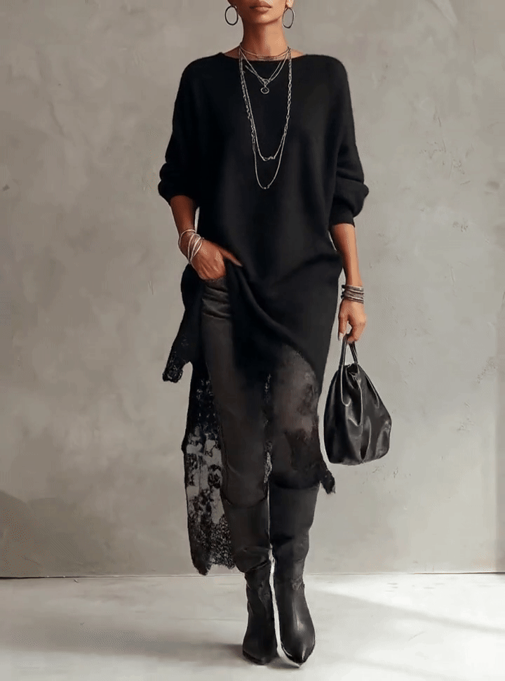 Black Loose Fit Mohair Knit Midi Dress with Lace Hem
