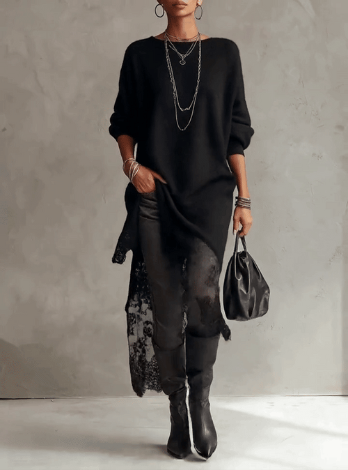 Black Loose Fit Mohair Knit Midi Dress with Lace Hem